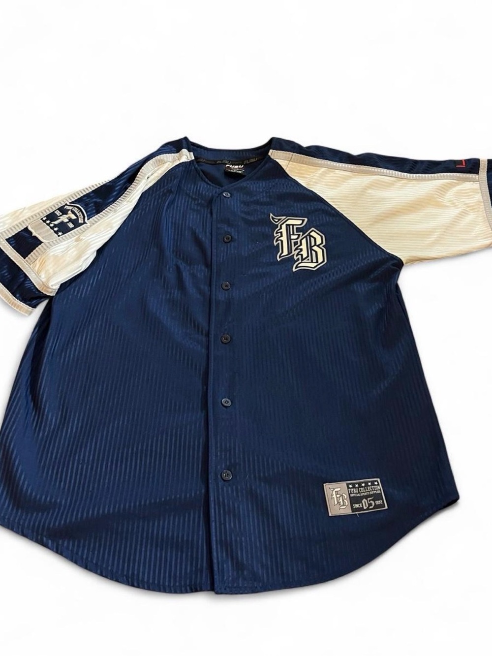Vintage FUBU Pinstriped Baseball Jersey Embroidered Logo Blue White Mens XL.